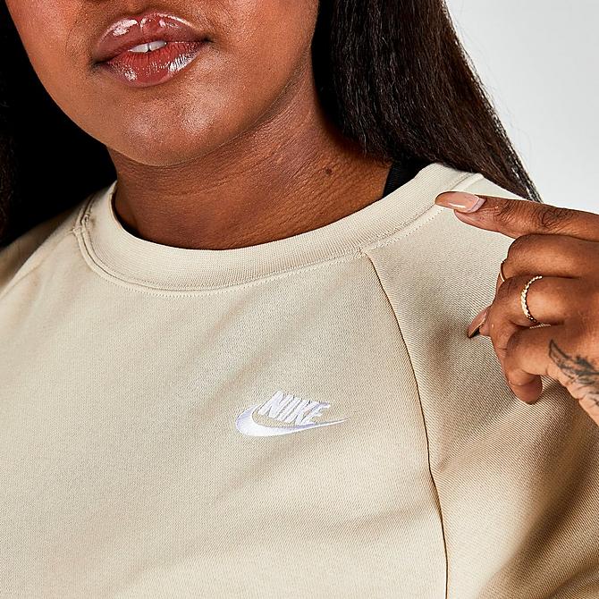 On Model 5 view of Women's Nike Sportswear Essential Fleece Crewneck Sweatshirt (Plus Size) in Rattan/White Click to zoom
