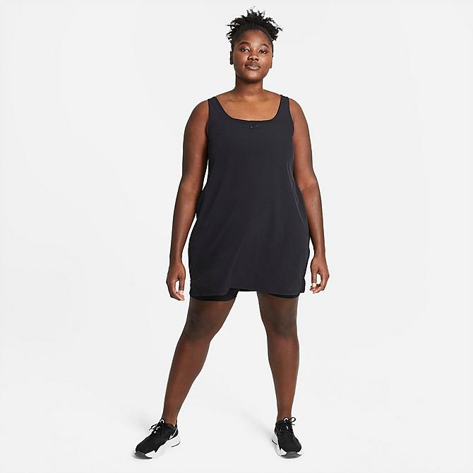 Front Three Quarter view of Women's Nike Bliss Luxe Training Dress (Plus Size) in Black/Clear Click to zoom