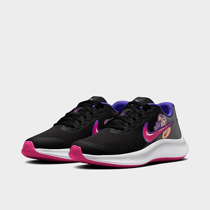 Three Quarter view of Girls' Big Kids' Nike Star Runner 3 SE Running Shoes in Black/Lapis/Pink Rise/Very Berry Click to zoom