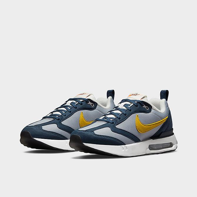 Three Quarter view of Big Kids' Nike Air Max Dawn Casual Shoes in Particle Grey/Dark Citron/Armory Navy Click to zoom