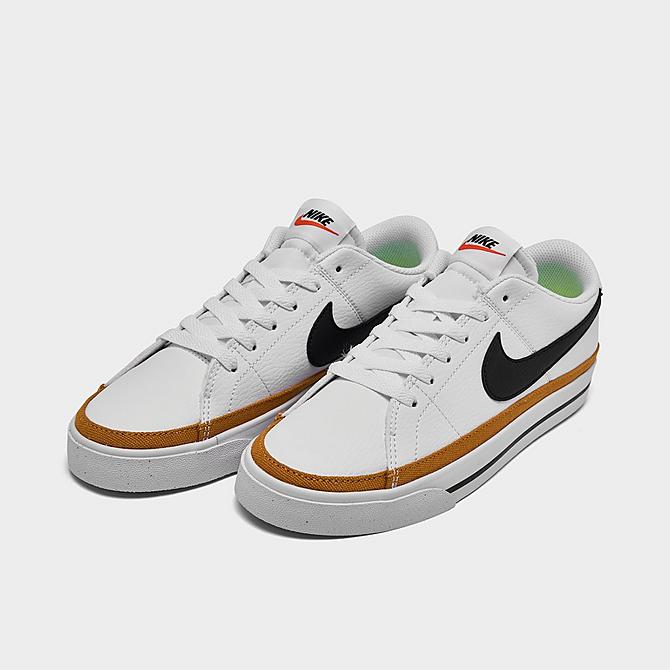 Three Quarter view of Women's Nike Court Legacy Next Nature Casual Shoes in White/Black/Desert Ochre/Team Orange Click to zoom