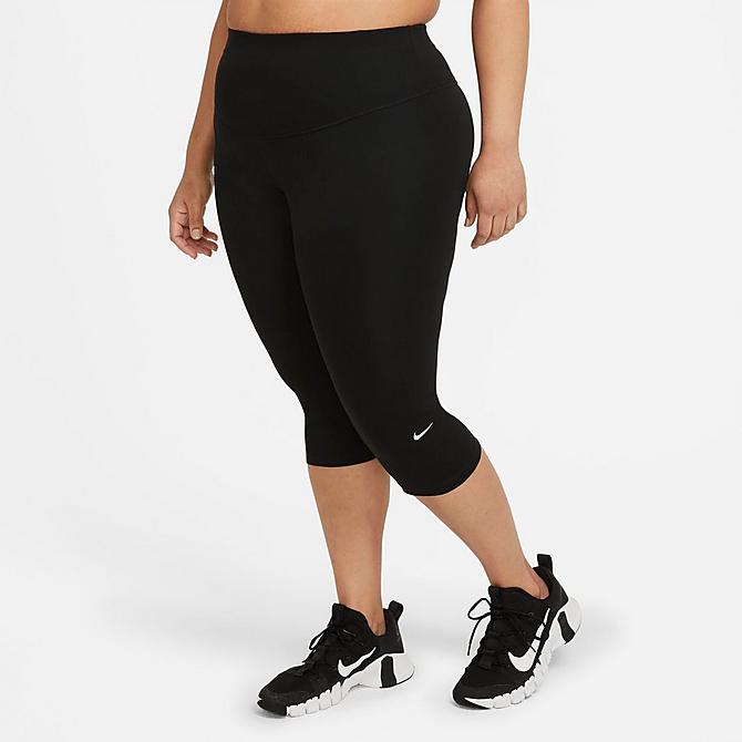 Front Three Quarter view of Women's Nike One Mid-Rise Capri Leggings (Plus Size) in Black/White Click to zoom