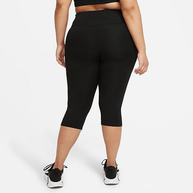 Back Left view of Women's Nike One Mid-Rise Capri Leggings (Plus Size) in Black/White Click to zoom