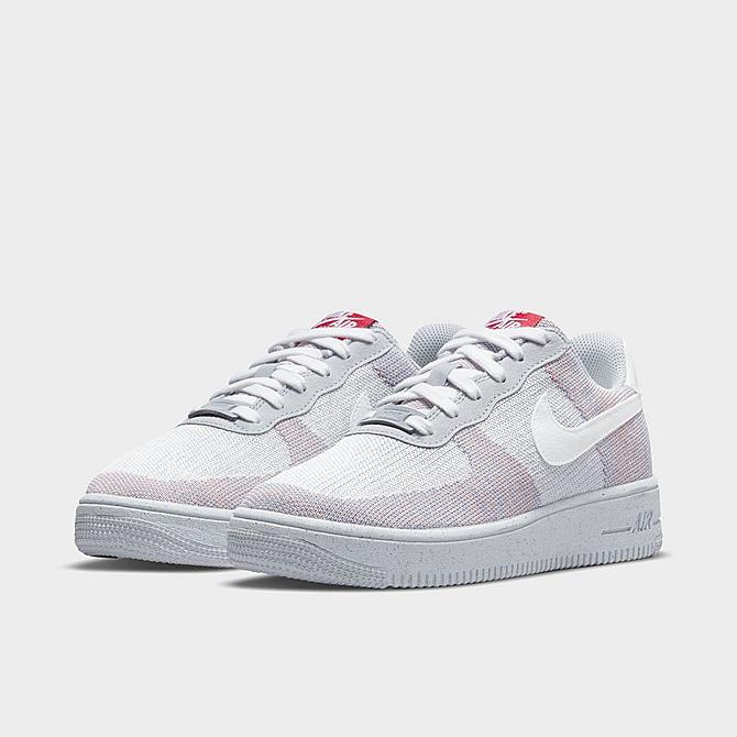 Three Quarter view of Big Kids' Nike Air Force 1 Crater Flyknit Casual Shoes in Wolf Grey/White-Pure Platinum-Gym Red Click to zoom
