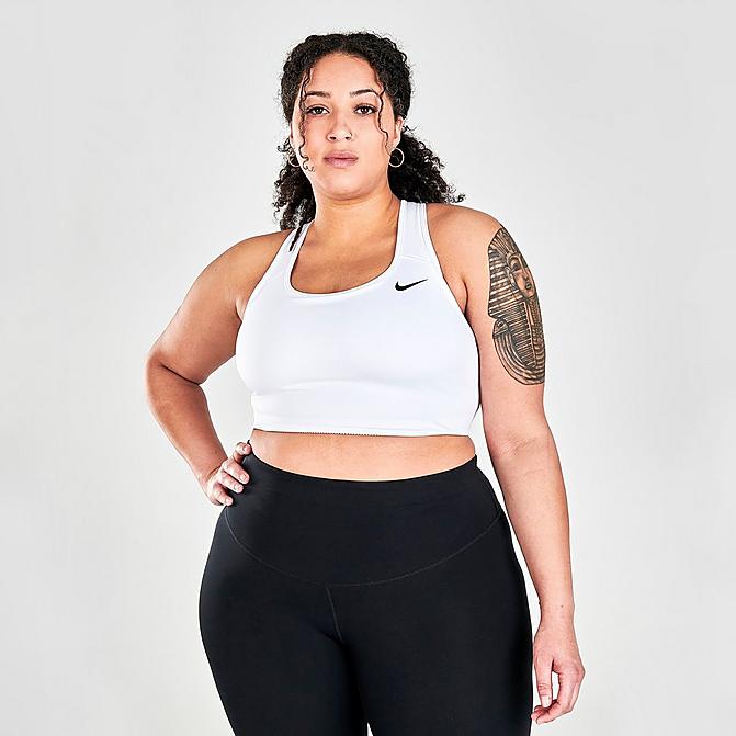 Front view of Women's Nike Dri-FIT Swoosh Medium-Support Non-Padded Sports Bra (Plus Size) in White/Black Click to zoom