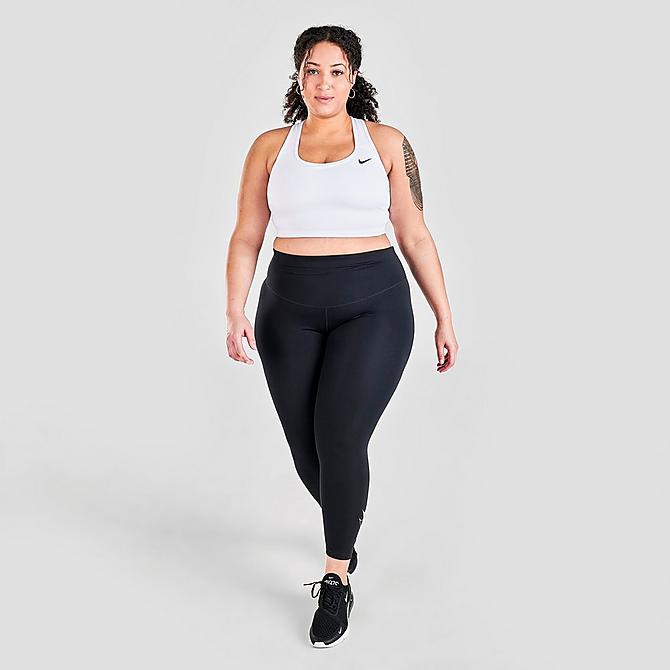 Front Three Quarter view of Women's Nike Dri-FIT Swoosh Medium-Support Non-Padded Sports Bra (Plus Size) in White/Black Click to zoom