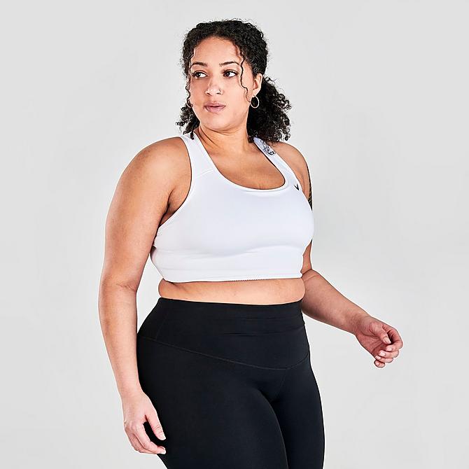 Back Left view of Women's Nike Dri-FIT Swoosh Medium-Support Non-Padded Sports Bra (Plus Size) in White/Black Click to zoom