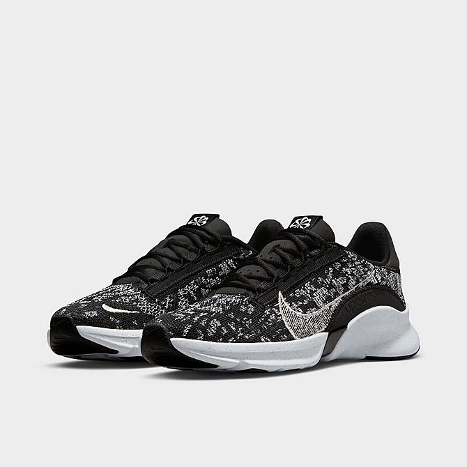 Three Quarter view of Women's Nike SuperRep Go 3 Next Nature Flyknit Training Shoes in Black/Metallic Silver/White Click to zoom