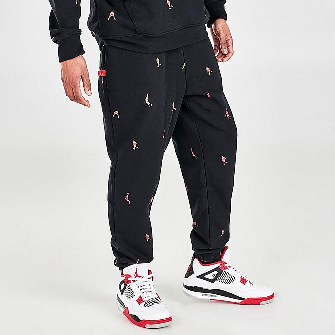 Back Left view of Men's Jordan Essentials Printed Fleece Jogger Pants in Black Click to zoom