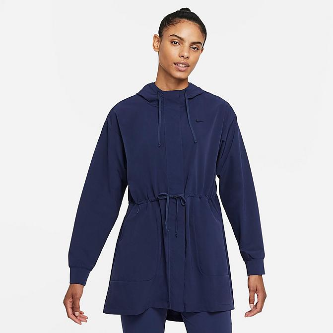 Front view of Women's Nike Dri-FIT Bliss Luxe Anorak Jacket in Midnight Navy/Clear Click to zoom