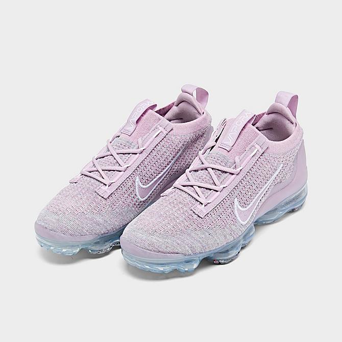 Three Quarter view of Women's Nike Air VaporMax 2021 Flyknit Running Shoes in Light Arctic Pink/Iced Lilac/Summit White/Metallic Silver Click to zoom