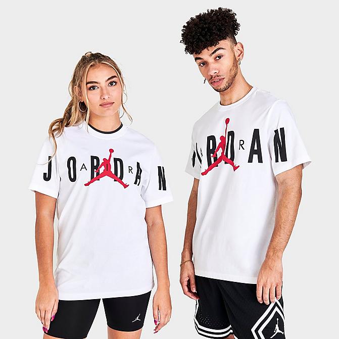 Front view of Men's Jordan Air Graphic Logo T-Shirt in White/Red Click to zoom