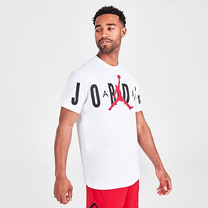Back Left view of Men's Jordan Air Graphic Logo T-Shirt in White/Red Click to zoom