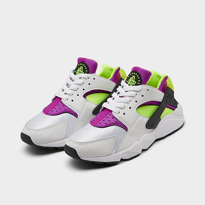 Three Quarter view of Women's Nike Air Huarache Casual Shoes in White/Neon Yellow/Magenta/Black Click to zoom