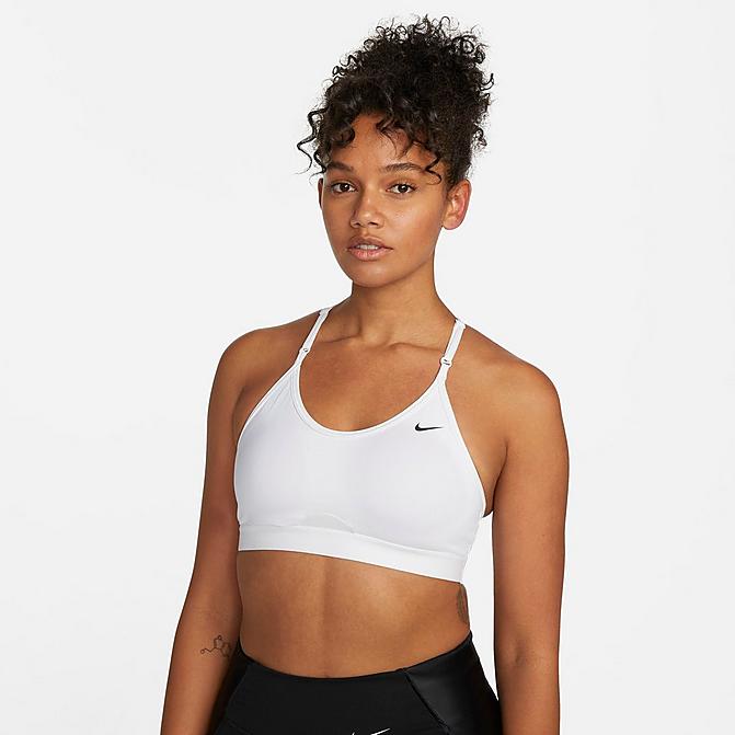 Front view of Women's Nike Dri-FIT Indy Strappy Light-Support Padded Sports Bra in White/White/Black Click to zoom