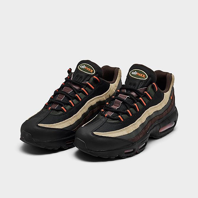 Three Quarter view of Men's Nike Air Max 95 Casual Shoes in Dark Army/Tweed/Cinder/Orange Blaze Click to zoom