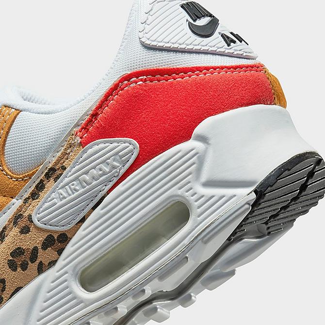 Front view of Women's Nike Air Max 90 SE Patchwork Animal Print Casual Shoes in White/White/Light Curry/Habanero Red Click to zoom