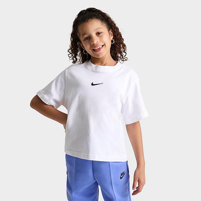 Front view of Girls' Nike Sportswear Essential Boxy T-Shirt in White/Black Click to zoom