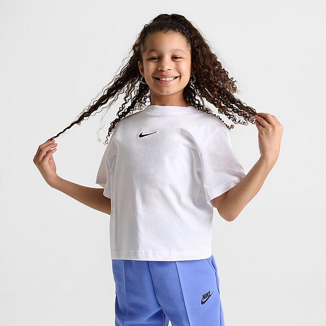 Back Left view of Girls' Nike Sportswear Essential Boxy T-Shirt in White/Black Click to zoom