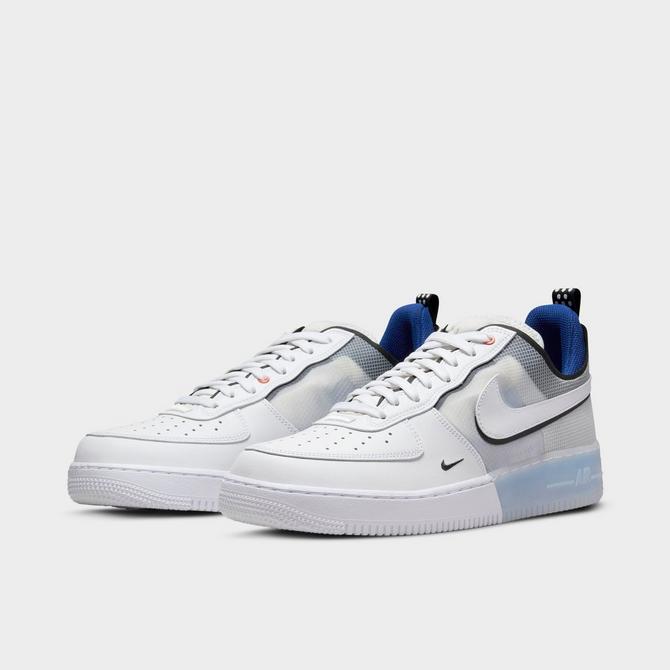 Three Quarter view of Men's Nike Air Force 1 React Casual Shoes in White/White/Light Photo Blue/Deep Royal Blue/Particle Grey/Photon Dust Click to zoom