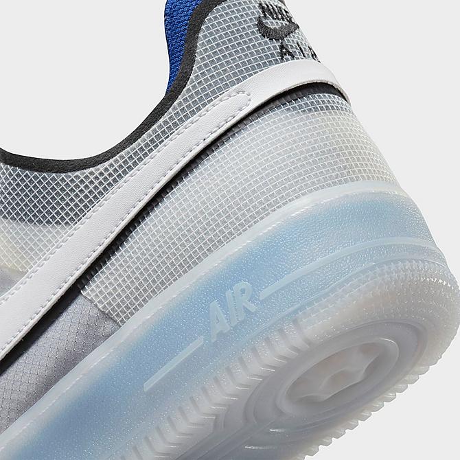 Front view of Men's Nike Air Force 1 React Casual Shoes in White/White/Light Photo Blue/Deep Royal Blue/Particle Grey/Photon Dust Click to zoom