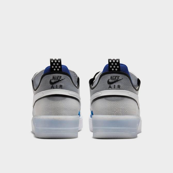 Left view of Men's Nike Air Force 1 React Casual Shoes in White/White/Light Photo Blue/Deep Royal Blue/Particle Grey/Photon Dust Click to zoom