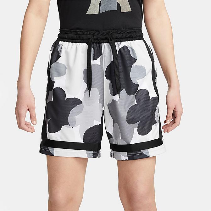 Front view of Women's Nike Fly Crossover Graphic Print Basketball Shorts in Smoke Grey/Black/Black Click to zoom