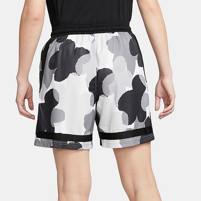 Front Three Quarter view of Women's Nike Fly Crossover Graphic Print Basketball Shorts in Smoke Grey/Black/Black Click to zoom