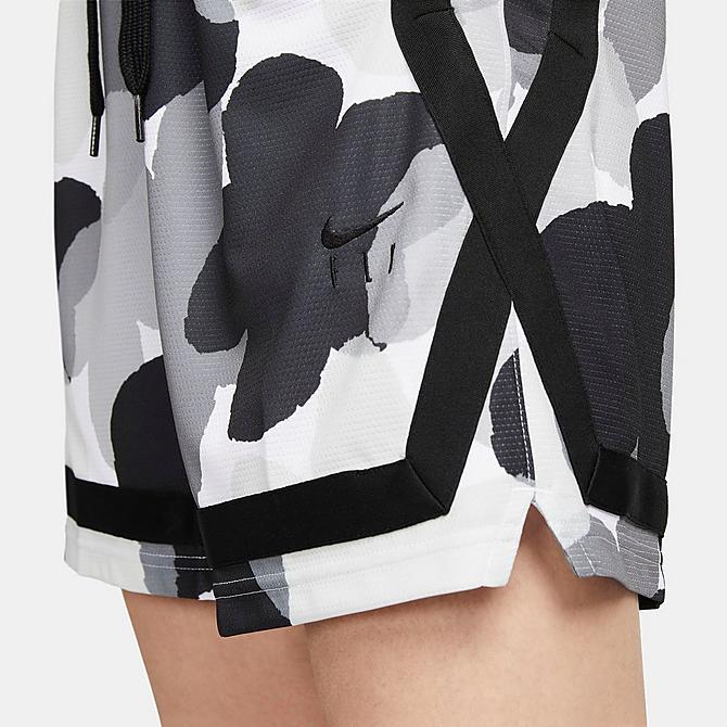 On Model 5 view of Women's Nike Fly Crossover Graphic Print Basketball Shorts in Smoke Grey/Black/Black Click to zoom