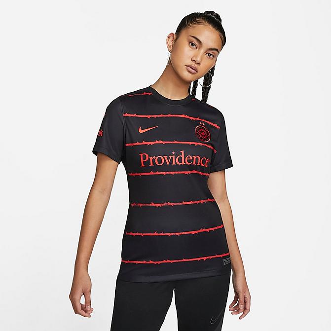 Front view of Women's Nike Portland Thorns FC 2022 Dri-FIT Stadium Home Soccer Jersey in Black/Challenge Red Click to zoom