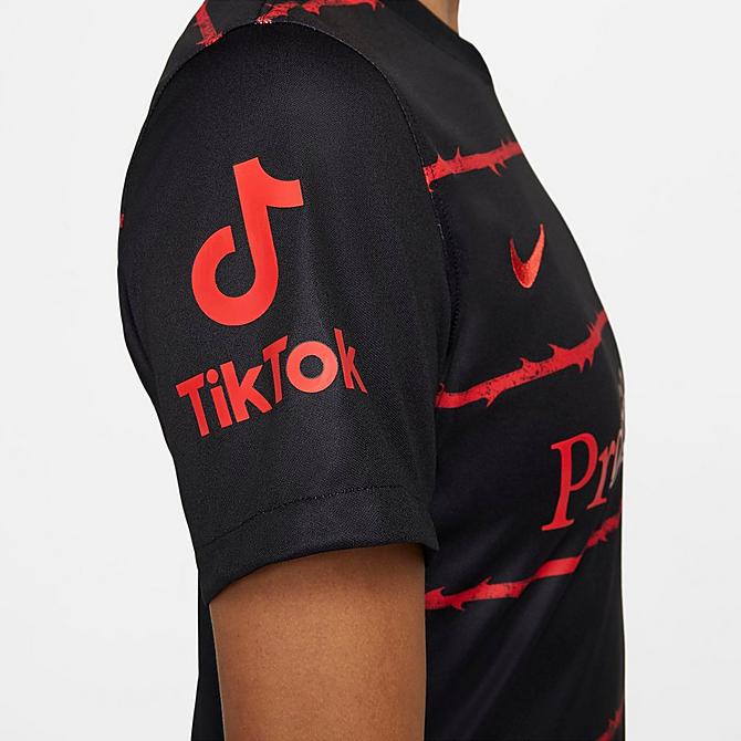 On Model 5 view of Women's Nike Portland Thorns FC 2022 Dri-FIT Stadium Home Soccer Jersey in Black/Challenge Red Click to zoom