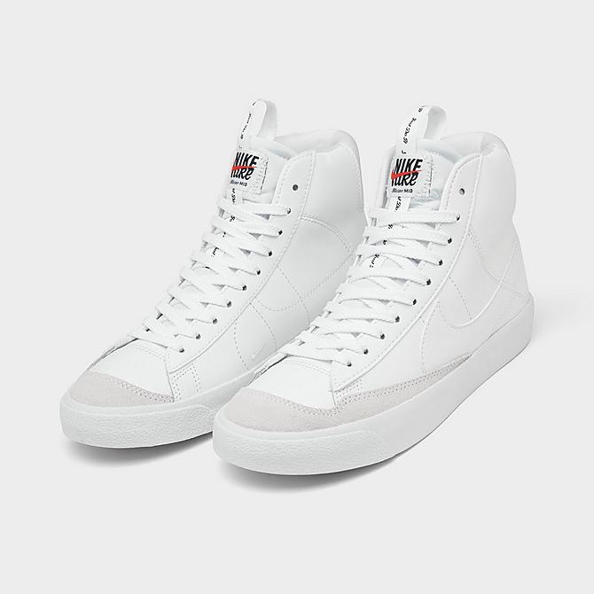 Three Quarter view of Big Kids' Nike Blazer Mid '77 SE Casual Shoes in White/White/Black Click to zoom