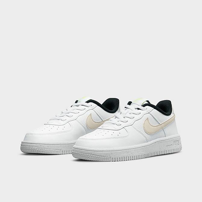 Three Quarter view of Little Kids' Nike Force 1 Next Nature Stretch Lace Casual Shoes in White/Volt/Black/Light Bone Click to zoom