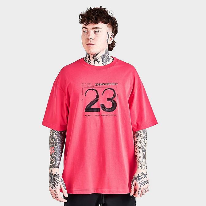 Front view of Men's Jordan 23 Engineered Graphic Print Short-Sleeve T-Shirt in Light Fusion Red Click to zoom