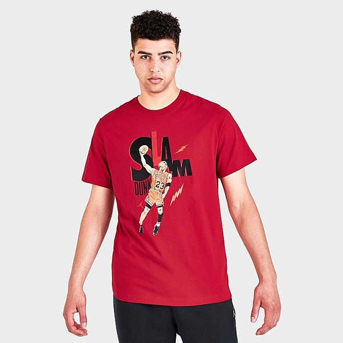 Front view of Men's Jordan Game 5 Graphic Print Short-Sleeve T-Shirt in Gym Red Click to zoom