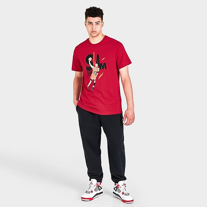 Front Three Quarter view of Men's Jordan Game 5 Graphic Print Short-Sleeve T-Shirt in Gym Red Click to zoom