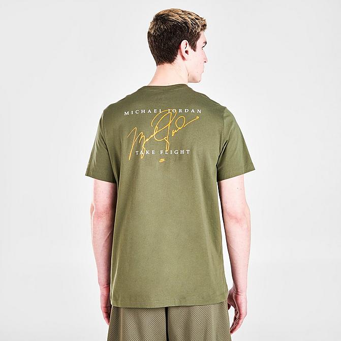 Front view of Men's Jordan Flight Essentials Graphic Short-Sleeve T-Shirt in Medium Olive/Light Curry/Light Curry Click to zoom