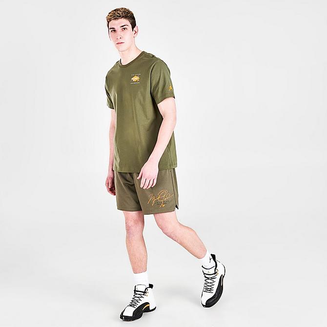 Front Three Quarter view of Men's Jordan Flight Essentials Graphic Short-Sleeve T-Shirt in Medium Olive/Light Curry/Light Curry Click to zoom