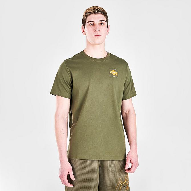 Back Left view of Men's Jordan Flight Essentials Graphic Short-Sleeve T-Shirt in Medium Olive/Light Curry/Light Curry Click to zoom