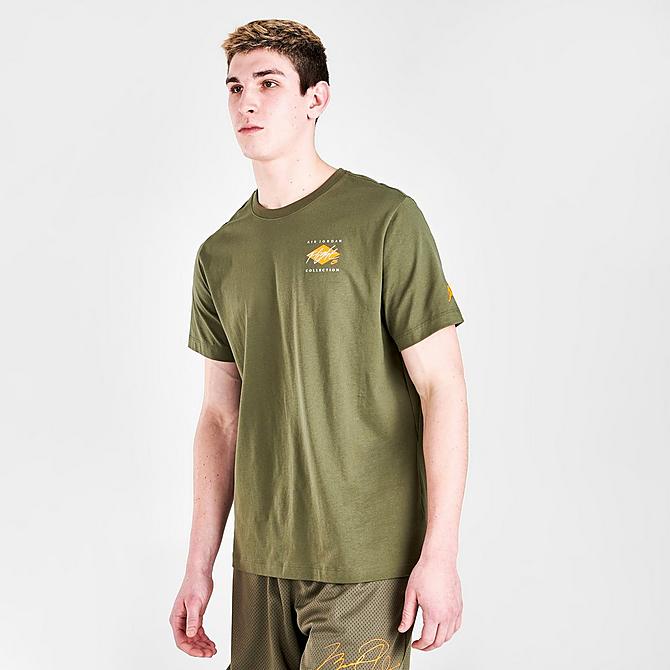 Back Right view of Men's Jordan Flight Essentials Graphic Short-Sleeve T-Shirt in Medium Olive/Light Curry/Light Curry Click to zoom