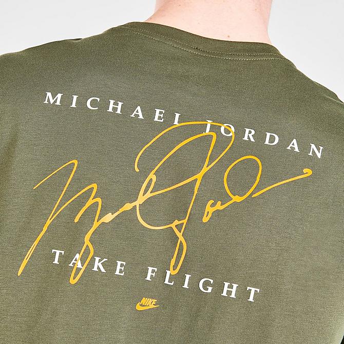 On Model 5 view of Men's Jordan Flight Essentials Graphic Short-Sleeve T-Shirt in Medium Olive/Light Curry/Light Curry Click to zoom