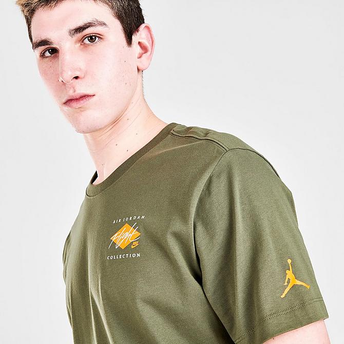 On Model 6 view of Men's Jordan Flight Essentials Graphic Short-Sleeve T-Shirt in Medium Olive/Light Curry/Light Curry Click to zoom