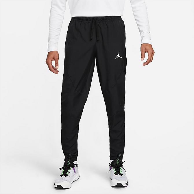 Front view of Men's Jordan Sport Dri-FIT Woven Athletic Pants in Black/Black/White Click to zoom
