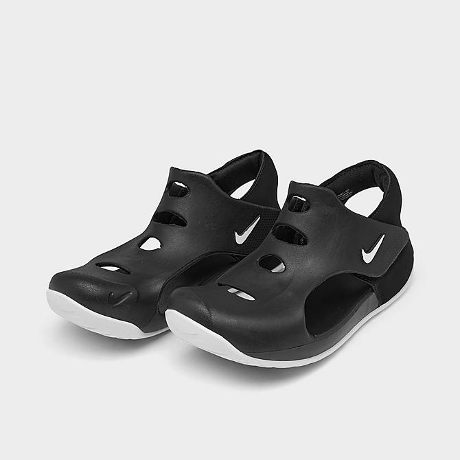 Three Quarter view of Little Kids' Nike Sunray Protect 3 Slide Sandals in Black/White Click to zoom