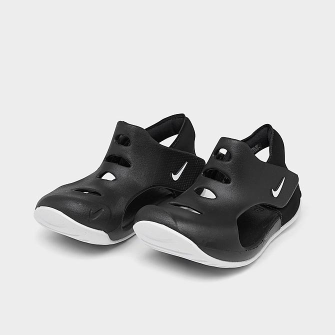 Three Quarter view of Kids' Toddler Nike Sunray Protect 3 Slide Sandals in Black/White Click to zoom
