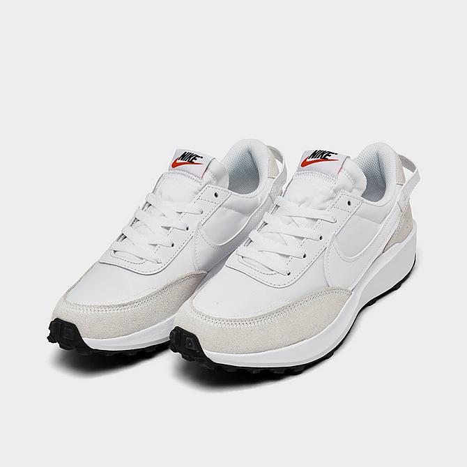 Three Quarter view of Women's Nike Waffle Debut Casual Shoes in White/White/Black/Orange/Clear Click to zoom