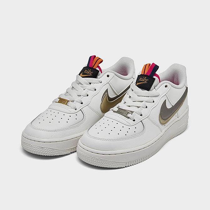 Three Quarter view of Girls' Big Kids' Nike Air Force 1 LV8 Casual Shoes in Off Noir/Metallic Pewter/Summit White/Pink Prime Click to zoom