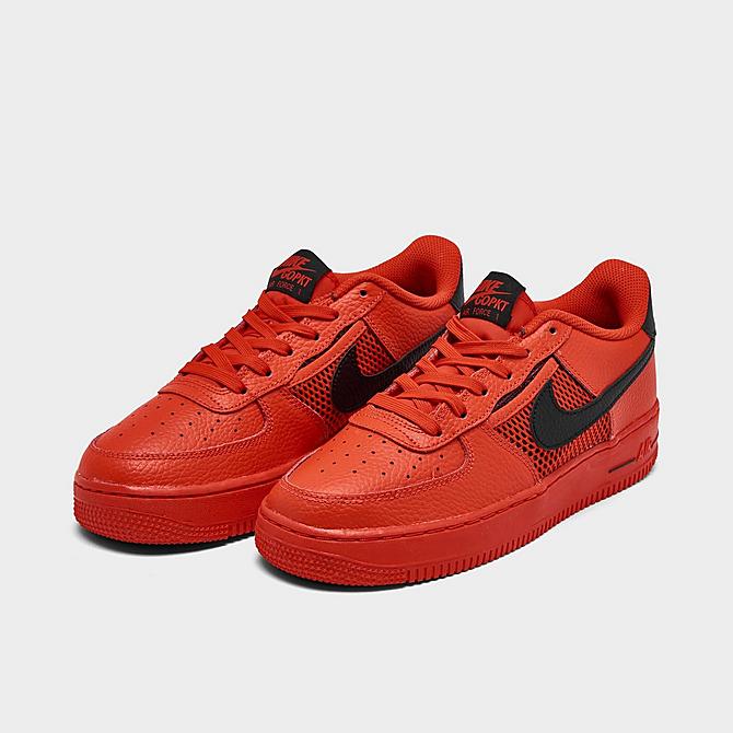 Three Quarter view of Big Kids' Nike Air Force 1 LV8 Casual Shoes in Habanero Red/Black/Habanero Red/White Click to zoom