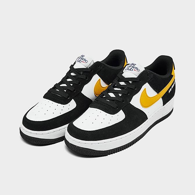 Three Quarter view of Big Kids' Nike Air Force 1 LV8 Casual Shoes in Black/Dark Sulfur/White/Black Click to zoom
