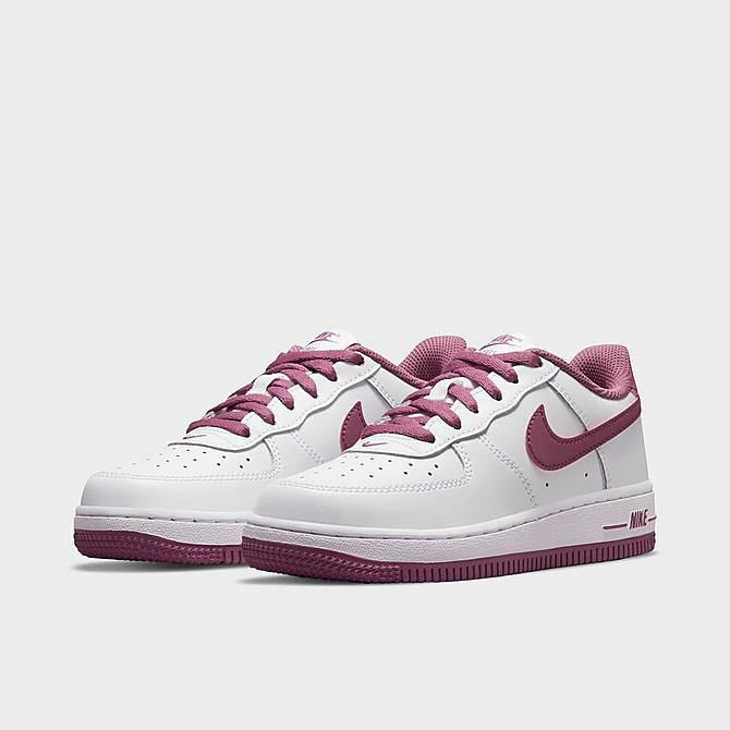 Three Quarter view of Little Kids' Nike Force 1 '06 Casual Shoes in White/White/Light Bordeaux Click to zoom